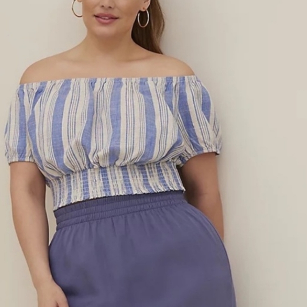 Torrid Linen Blend Smocked Waist Off the Shoulder Crop Top sz 3